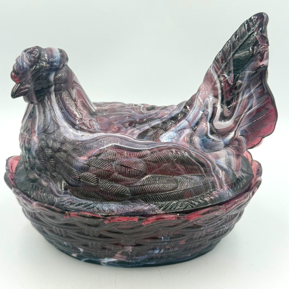 Large 8" Purple Amethyst White Slag Glass Hen on Nest Basketweave Covered Dish